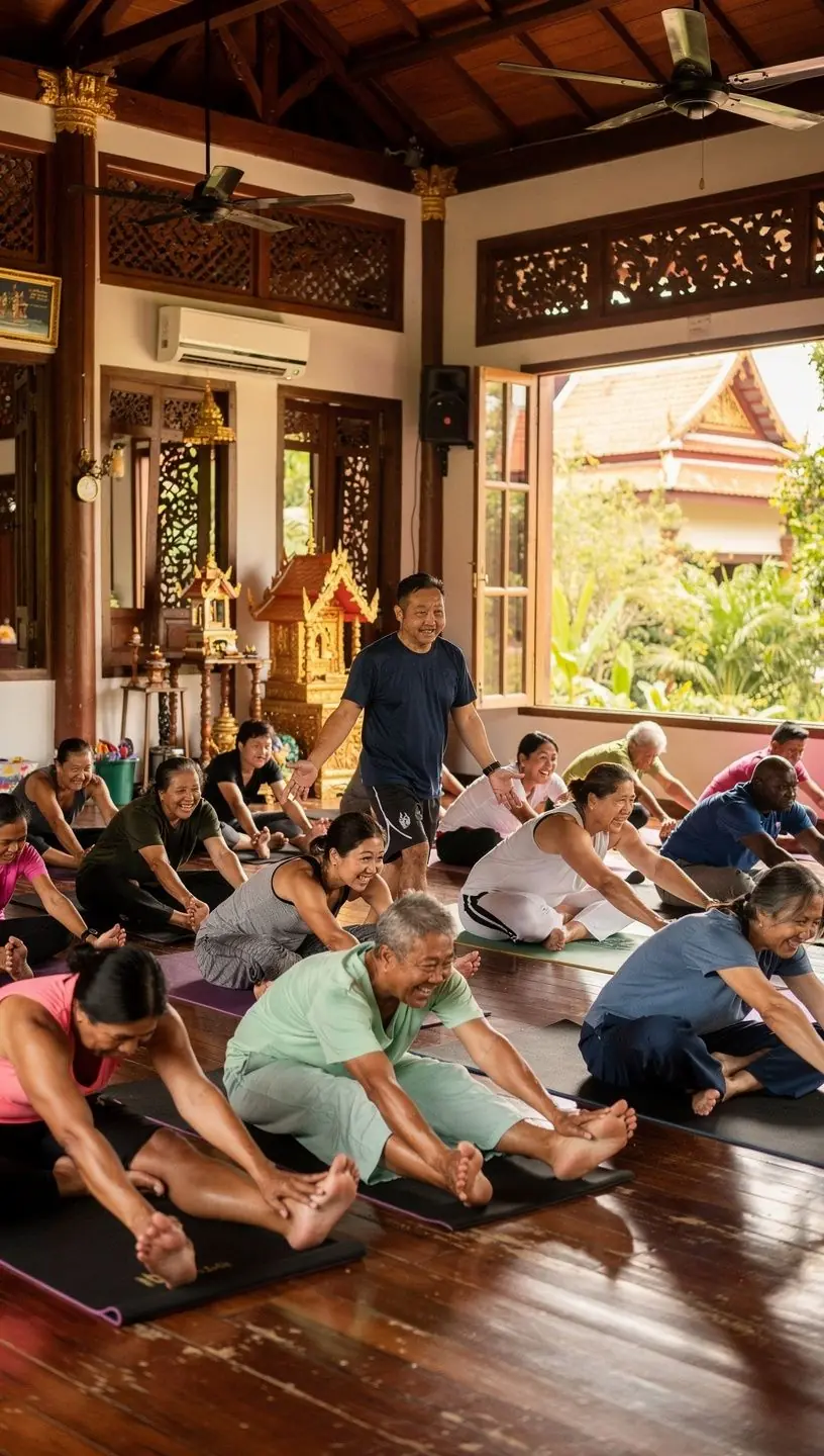 กลุ่มผู้สูงอายุที่เข้าร่วมคลาสออกกำลังกายออนไลน์จากบ้าน