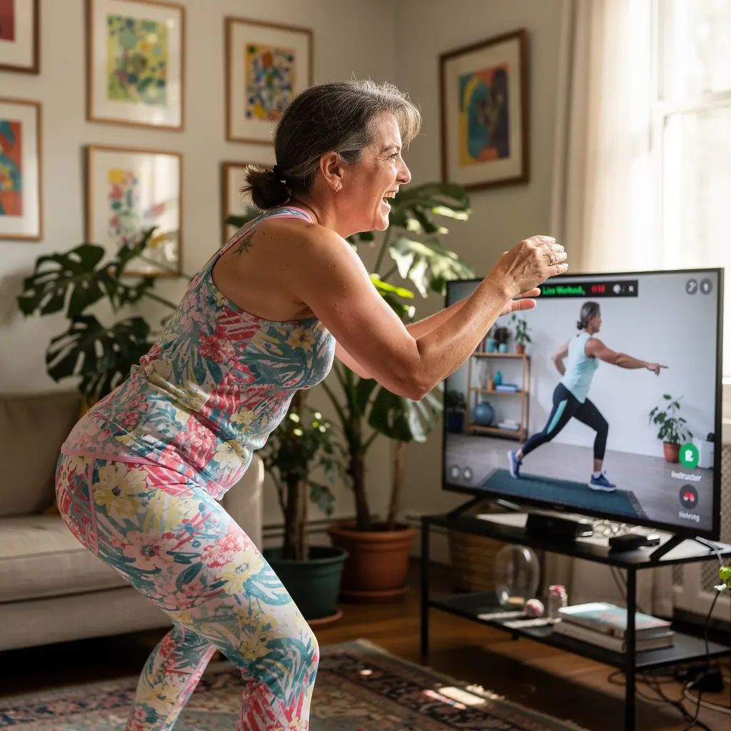 ผู้ชายสูงอายุที่ยิ้มแย้มขณะใช้ดัมเบลในห้องนั่งเล่น