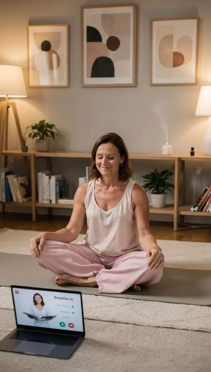 ผู้หญิงวัยกลางคนกำลังฝึกโยคะในบ้านเพื่อเสริมสร้างความยืดหยุ่น