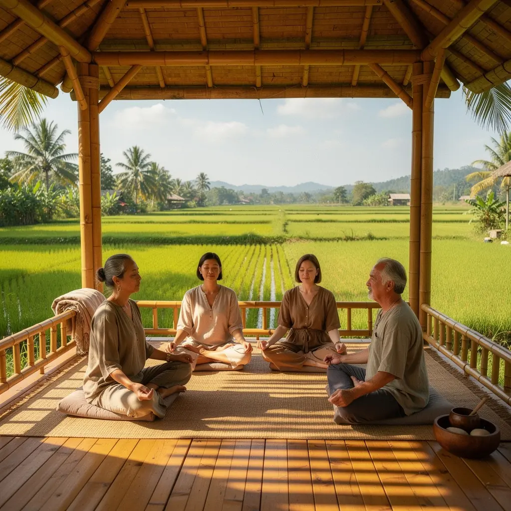 ผู้สูงอายุที่มีรอยยิ้มขณะเข้าร่วมกิจกรรมออกกำลังกายกับเพื่อน ๆ