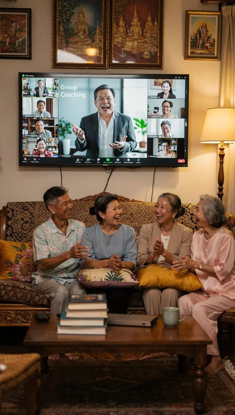 ผู้ชายสูงอายุยิ้มขณะทำกิจกรรมฟิตเนสในบ้าน