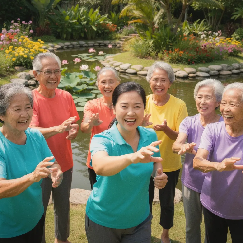 ผู้หญิงอาวุโสใช้ลูกบอลฟิตเนสในสวนสาธารณะ