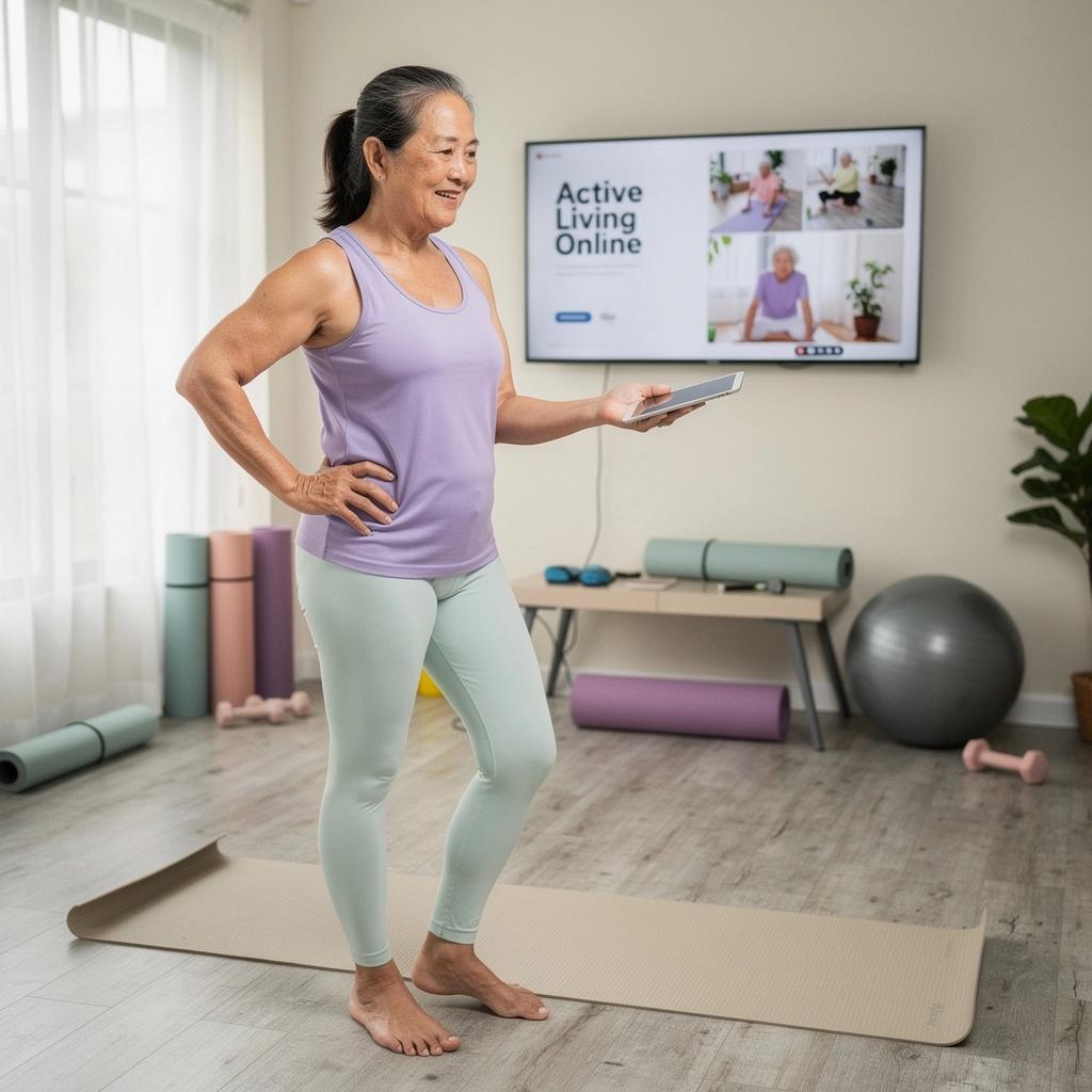 ผู้สูงอายุที่นั่งอยู่บนเก้าอี้และทำการออกกำลังกายเบา ๆ